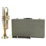 B & M Champion brass cornet and an Aulos flute with fitted case, the largest 50cm in length