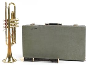 B & M Champion brass cornet and an Aulos flute with fitted case, the largest 50cm in length