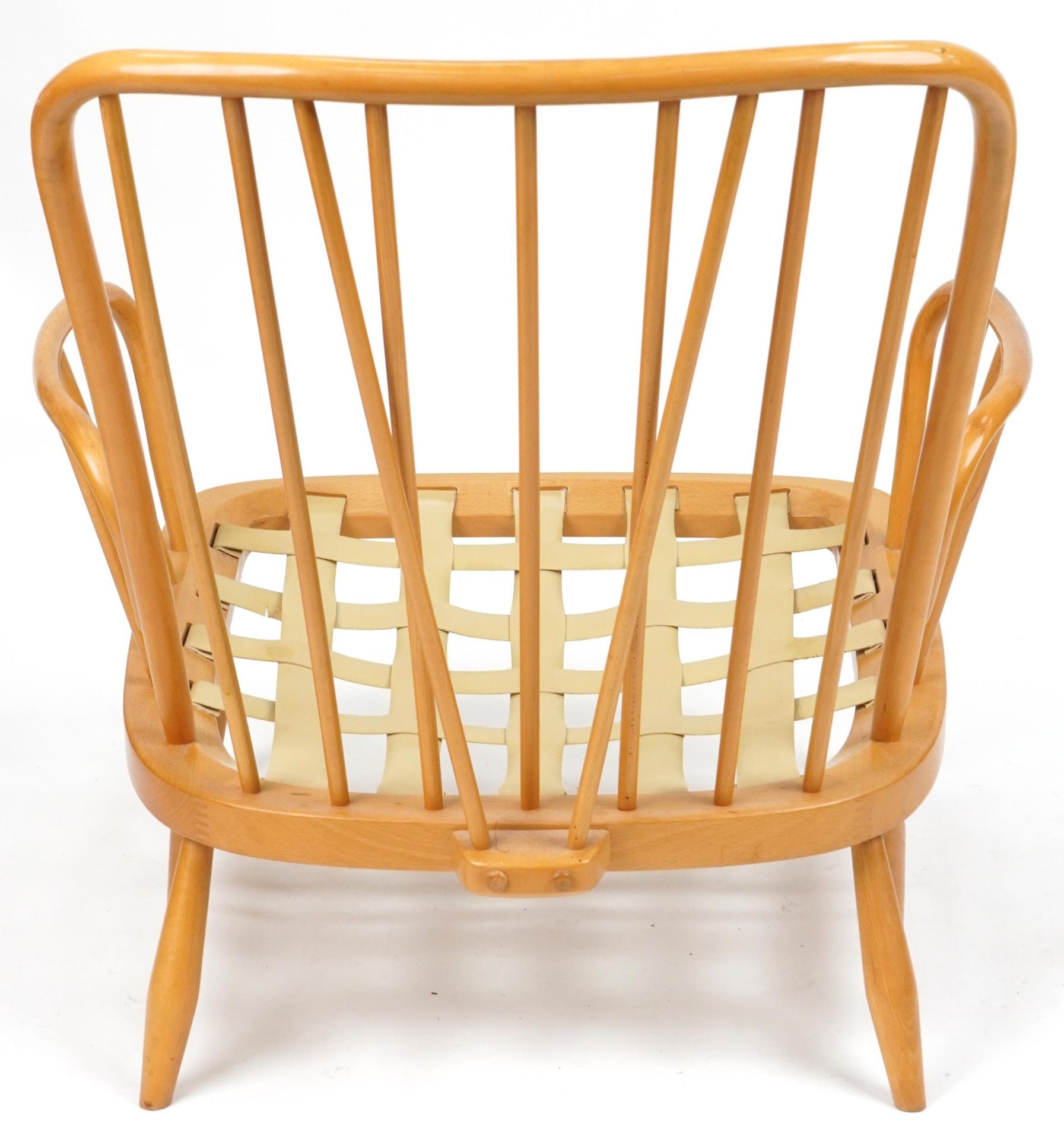 Ercol light elm Jubilee stick back armchair with red fleur de lis upholstered cushioned seats, - Image 5 of 7