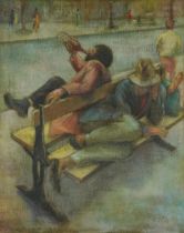 Attributed to Norman Cornish - Street life, post-war British oil on canvas, inscribed verso, framed,