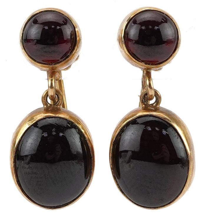 Pair of 9ct gold cabochon garnet drop earrings with screw backs, each 2cm high, total 4.7g