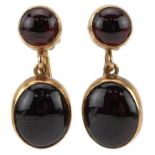 Pair of 9ct gold cabochon garnet drop earrings with screw backs, each 2cm high, total 4.7g