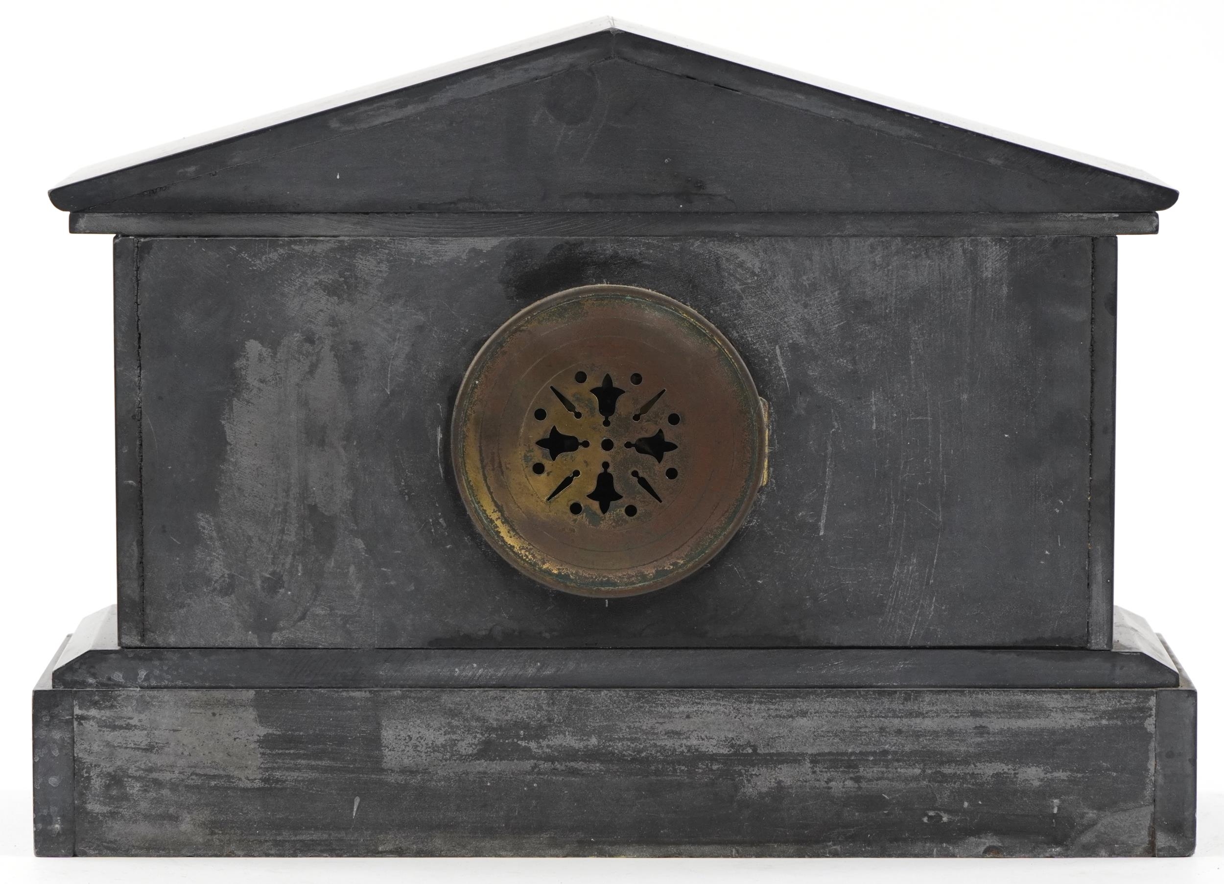 19th century French black slate architectural mantle clock with silvered chapter ring having - Image 2 of 3