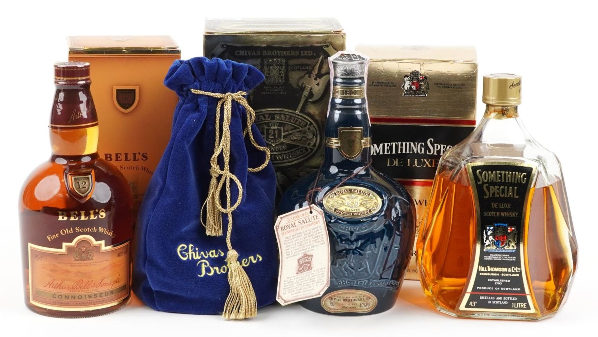 Three bottles of whisky with boxes comprising Chivas Brothers Royal Salute 21 Years Old, one litre