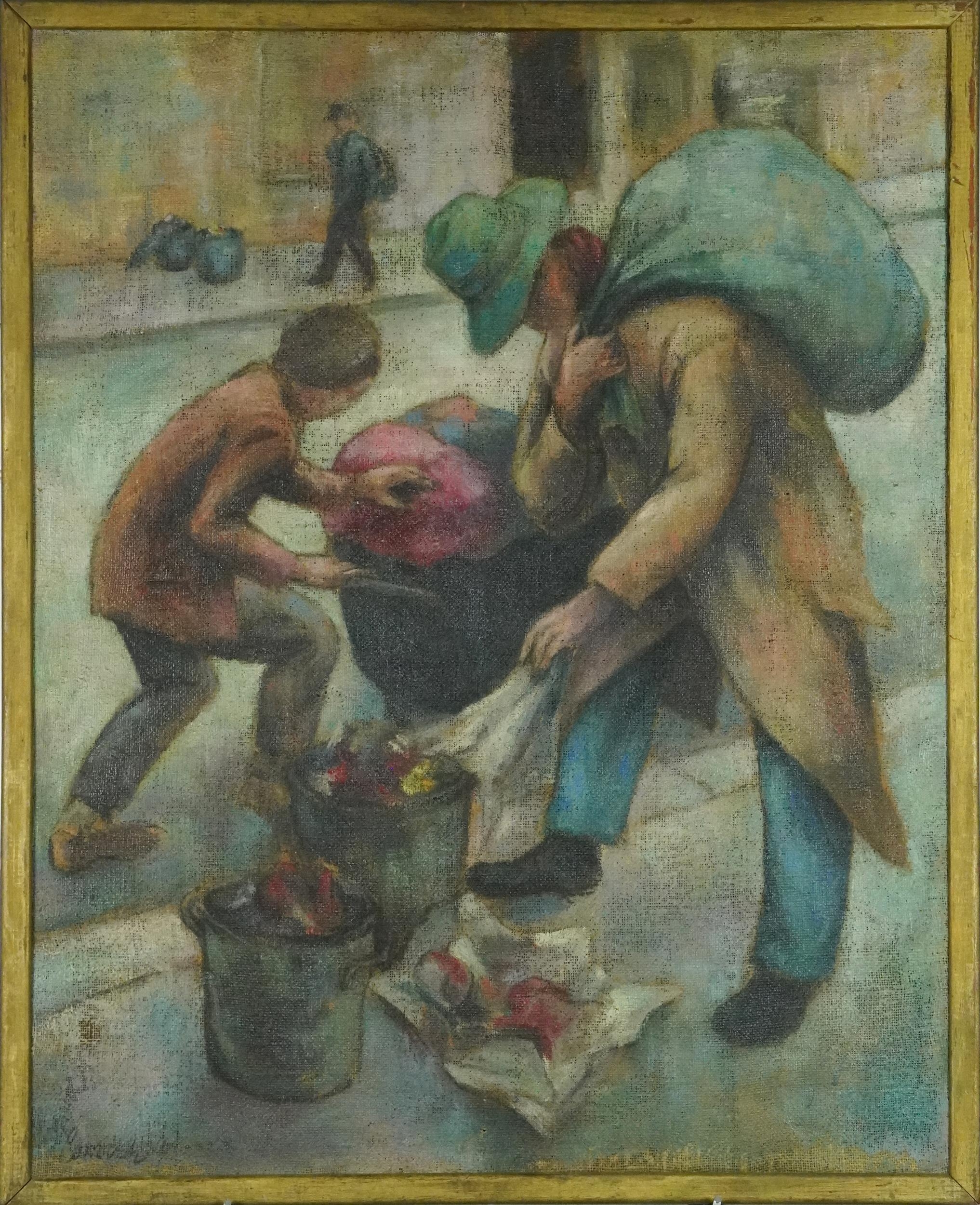 Attributed to Norman Cornish - Street life, post-war British oil on canvas, inscribed verso, framed, - Image 2 of 4