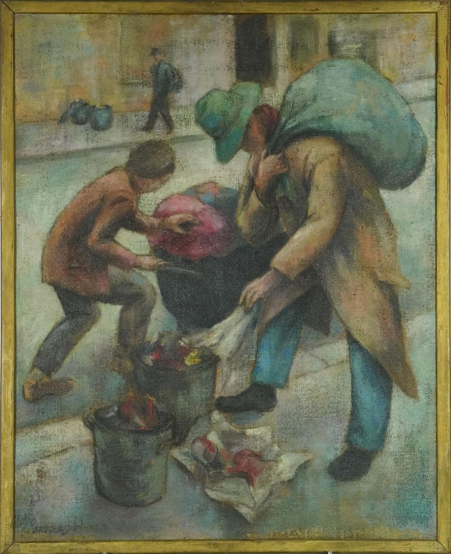 Attributed to Norman Cornish - Street life, post-war British oil on canvas, inscribed verso, framed, - Bild 2 aus 4