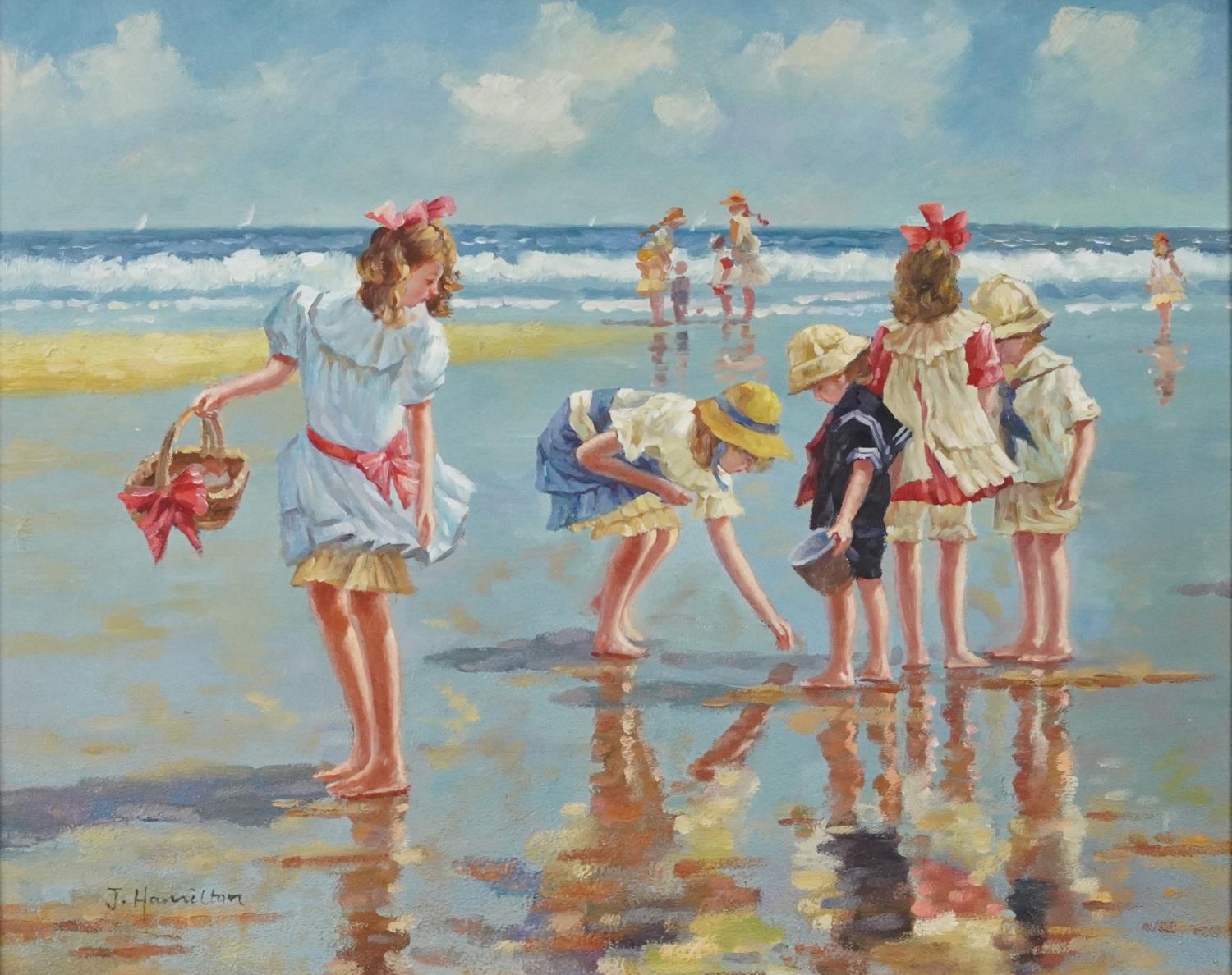J Hamilton - Beach scene with children playing, contemporary oil on panel, mounted and framed,