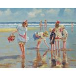 J Hamilton - Beach scene with children playing, contemporary oil on panel, mounted and framed,