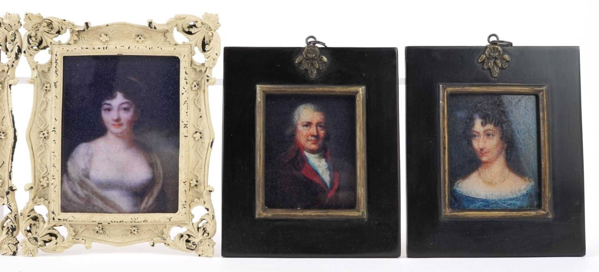 Three pairs of portrait miniatures including a pair housed in ebonised frames, the largest overall - Bild 3 aus 6