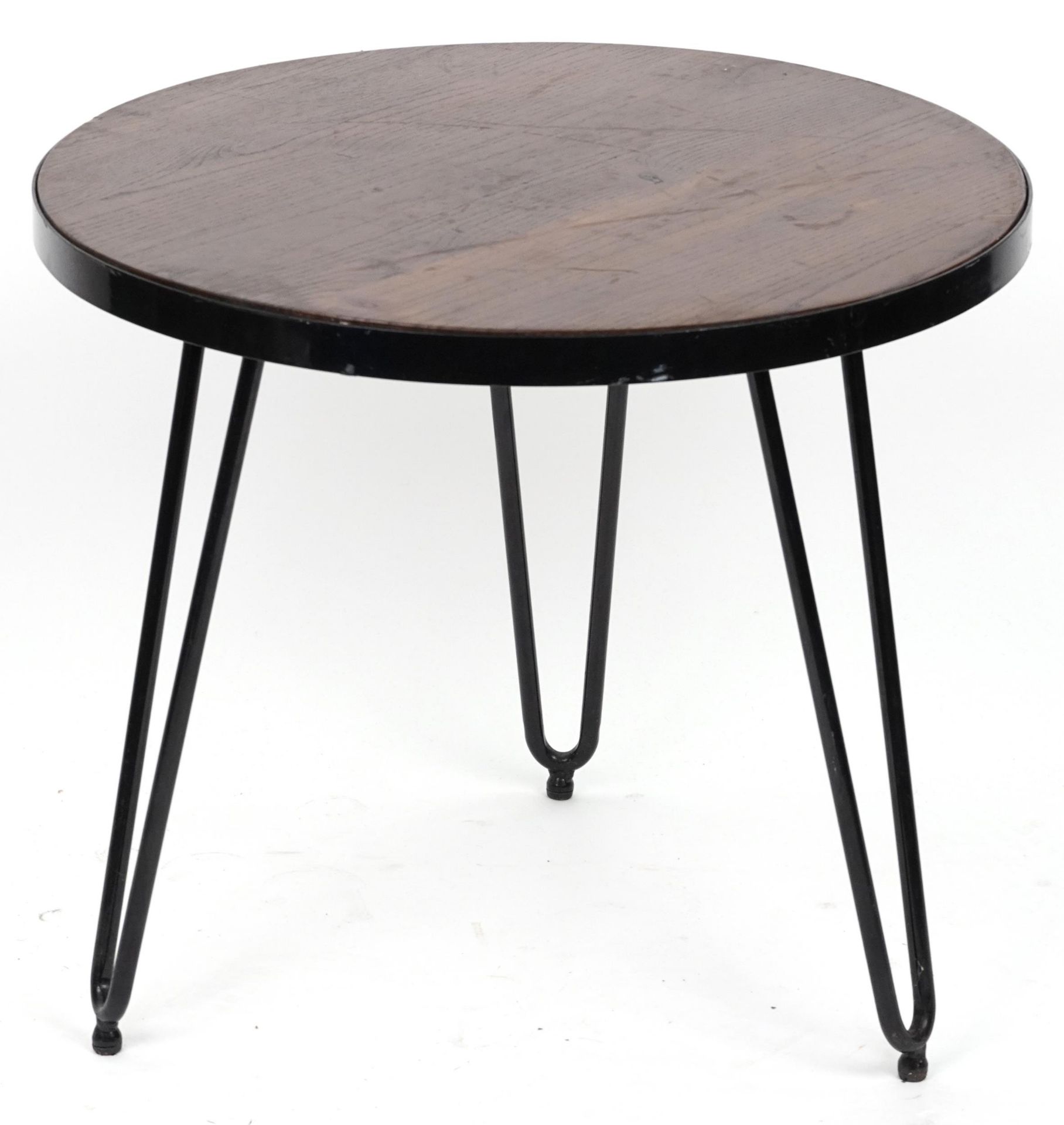 Industrial circular hardwood and wrought iron occasional table with hairpin legs, 53.5cm high x 61cm - Bild 3 aus 3