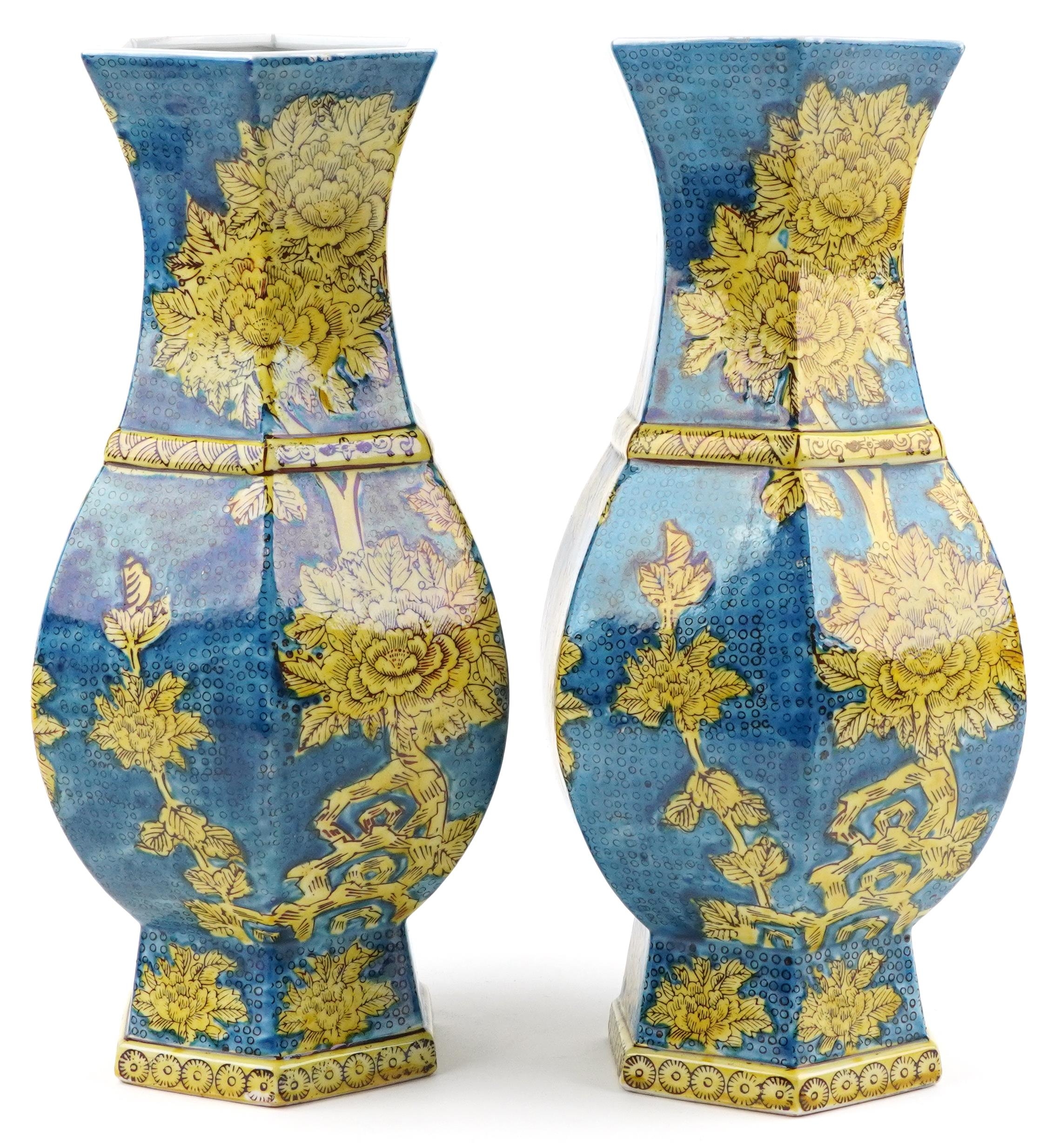 Pair of Chinese porcelain hexagonal blue ground vases hand painted with flowers, each 40cm high - Image 2 of 6