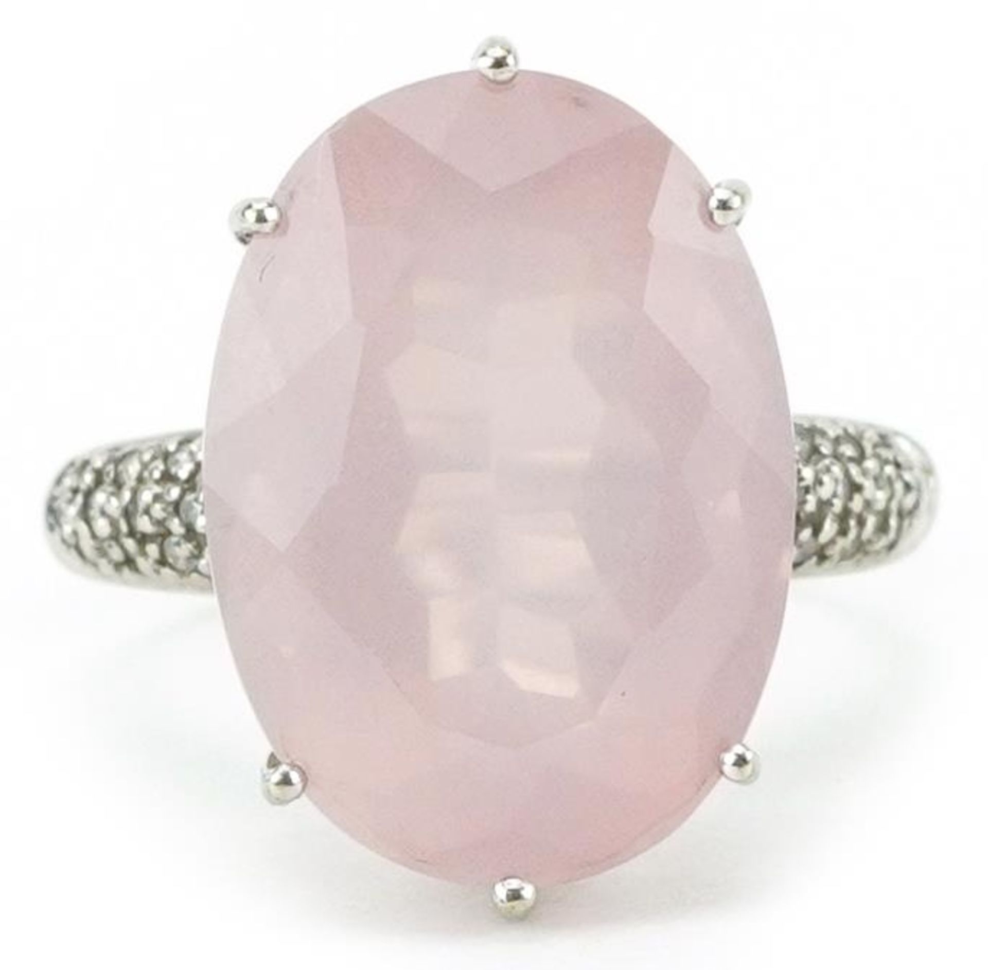 9ct white gold pink quartz ring with diamond set shoulders, the quartz approximately 17.80mm x 13.