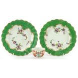 18th century Worcester ceramics comprising pair of green ground plates hand painted in the