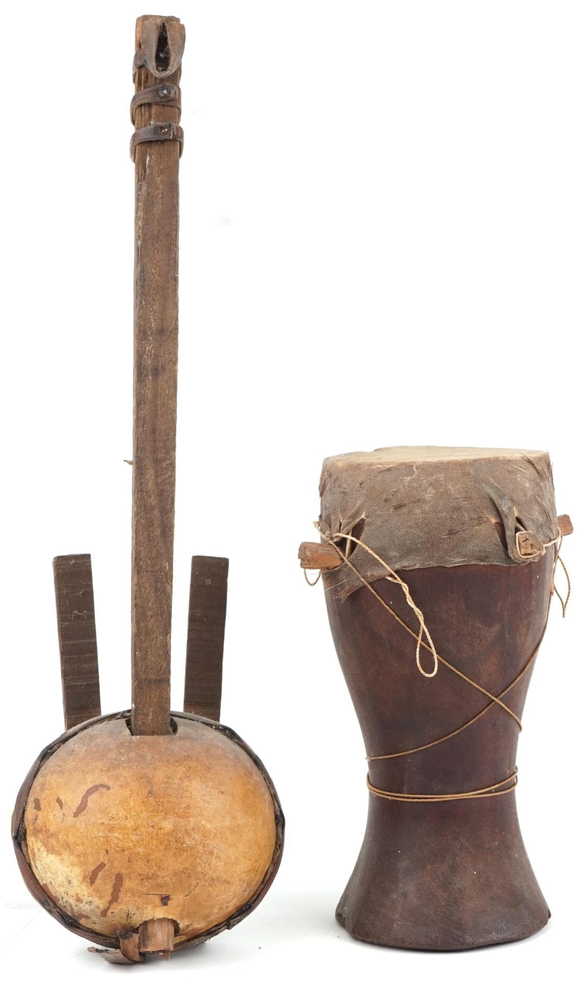 African tribal interest Krar instrument and a drum, 40cm in length - Image 2 of 3
