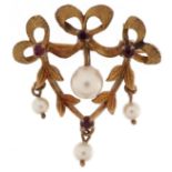 9ct gold Belle Epoque cultured pearl and garnet brooch, 3.2cm high, 4.8g