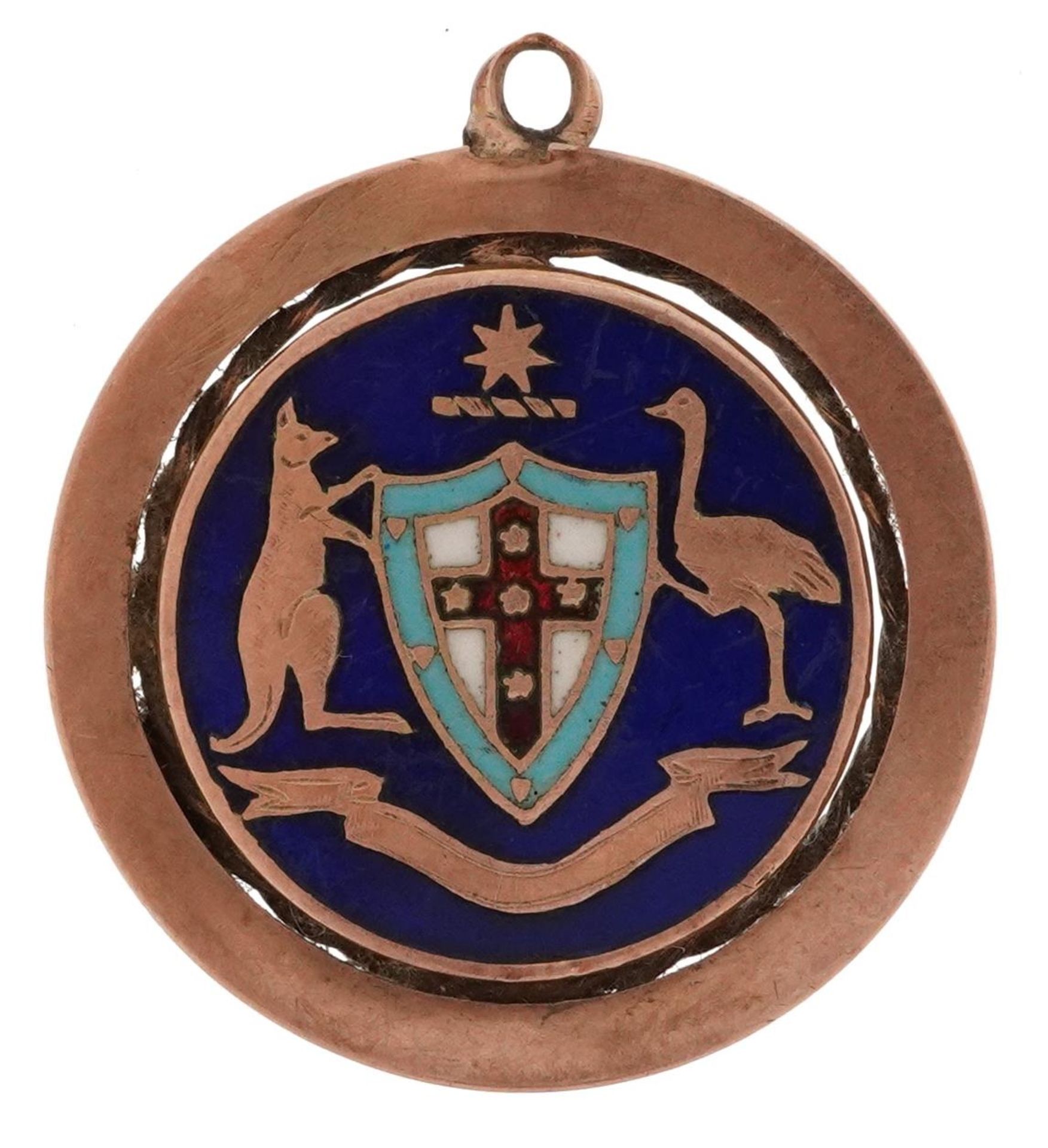 Australian 9ct rose gold and enamel jewel decorated with the Australian Commonwealth coat of arms,