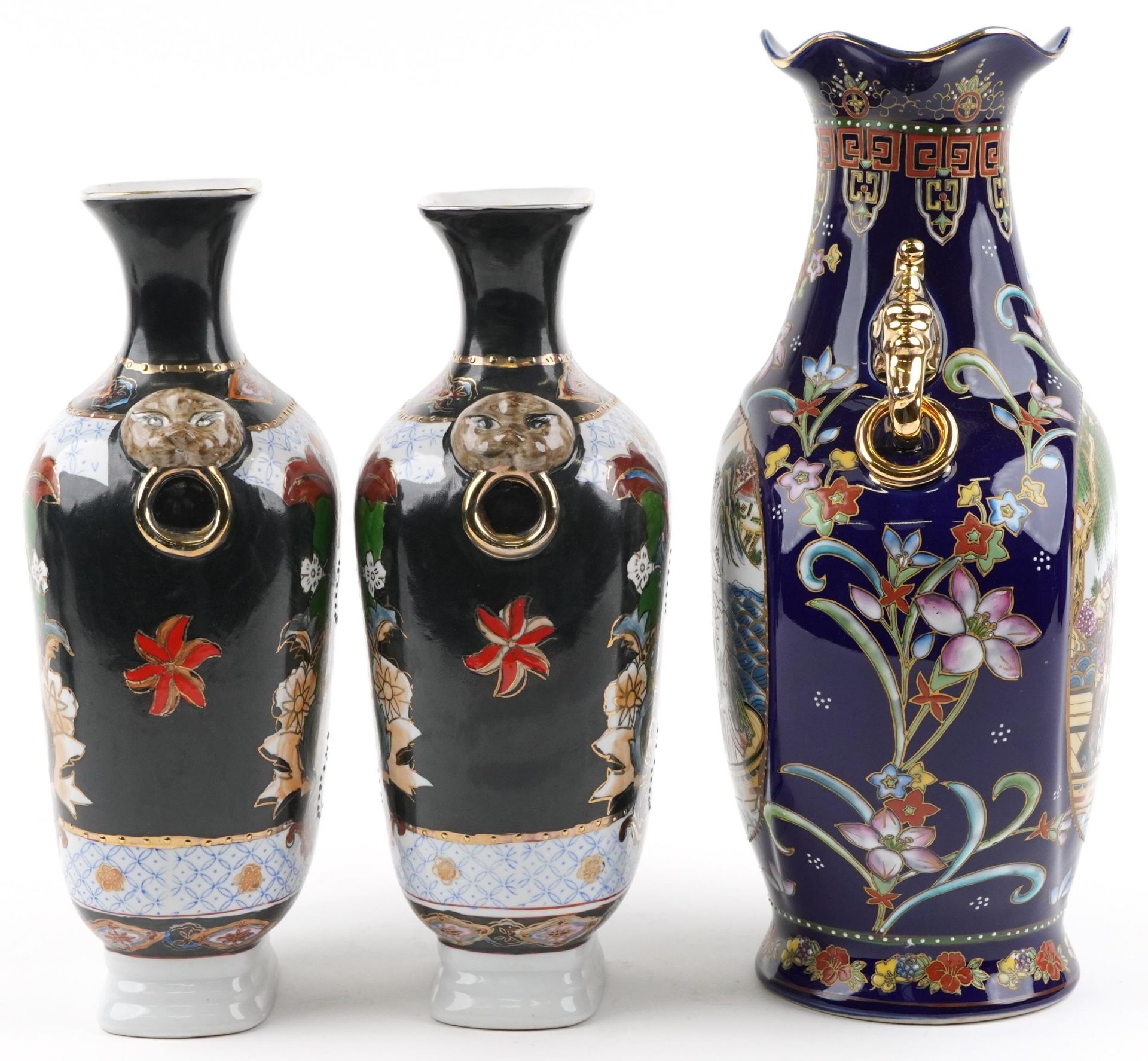 Three Chinese porcelain vases comprising blue ground example decorated with panels of figures in - Image 4 of 6