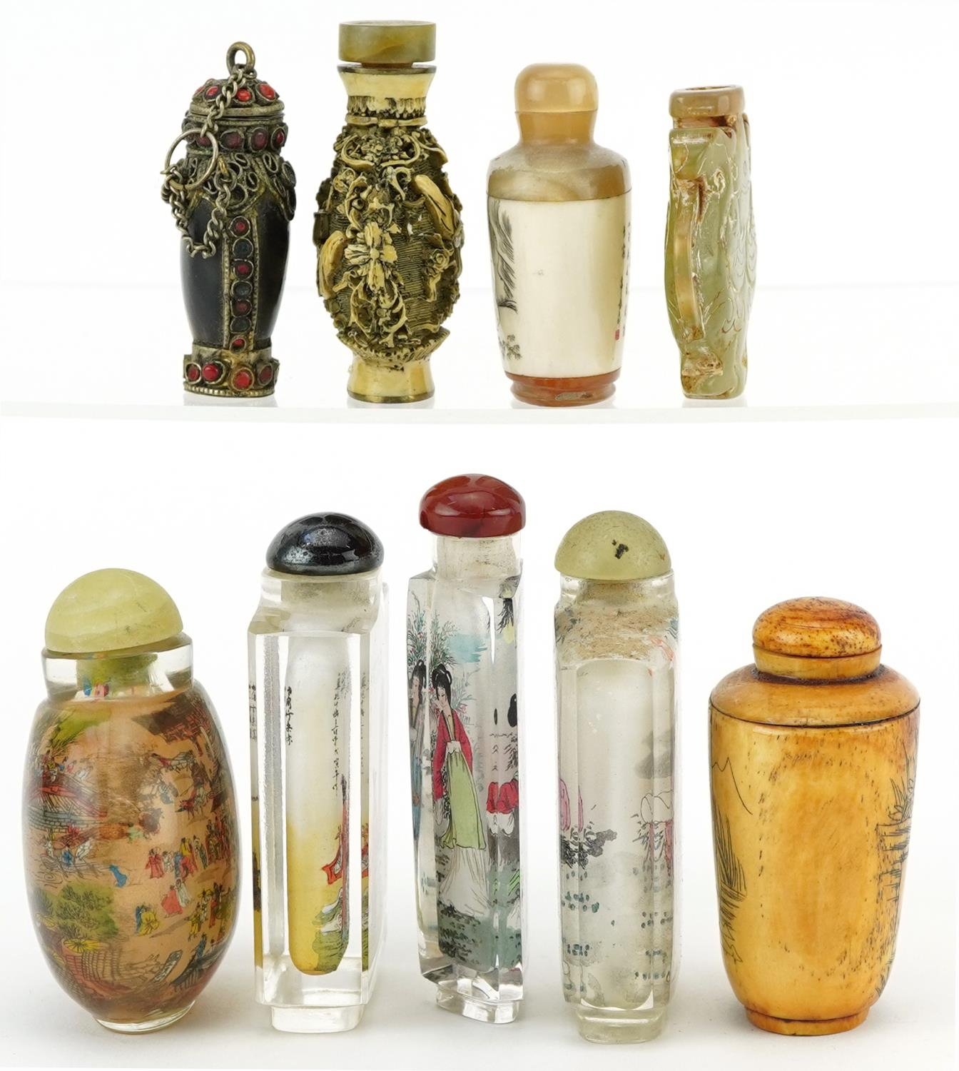 Nine Chinese snuff bottles including a green and russet jade archaic style example, carved bone - Image 6 of 9