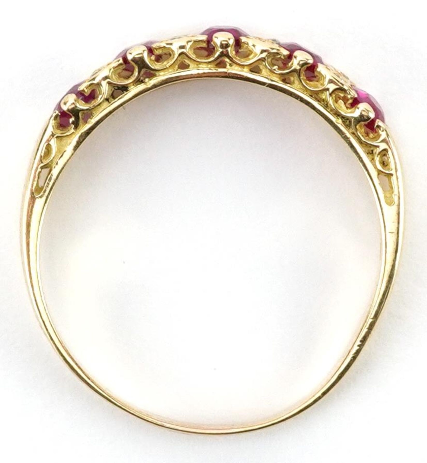 18K gold ruby and diamond half eternity ring set with five rubies and eight diamonds, each ruby - Image 3 of 5