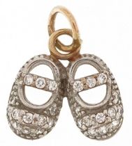 9ct gold charm in the form of a pair of slippers set with clear stones, 1.3cm high, 1.3g