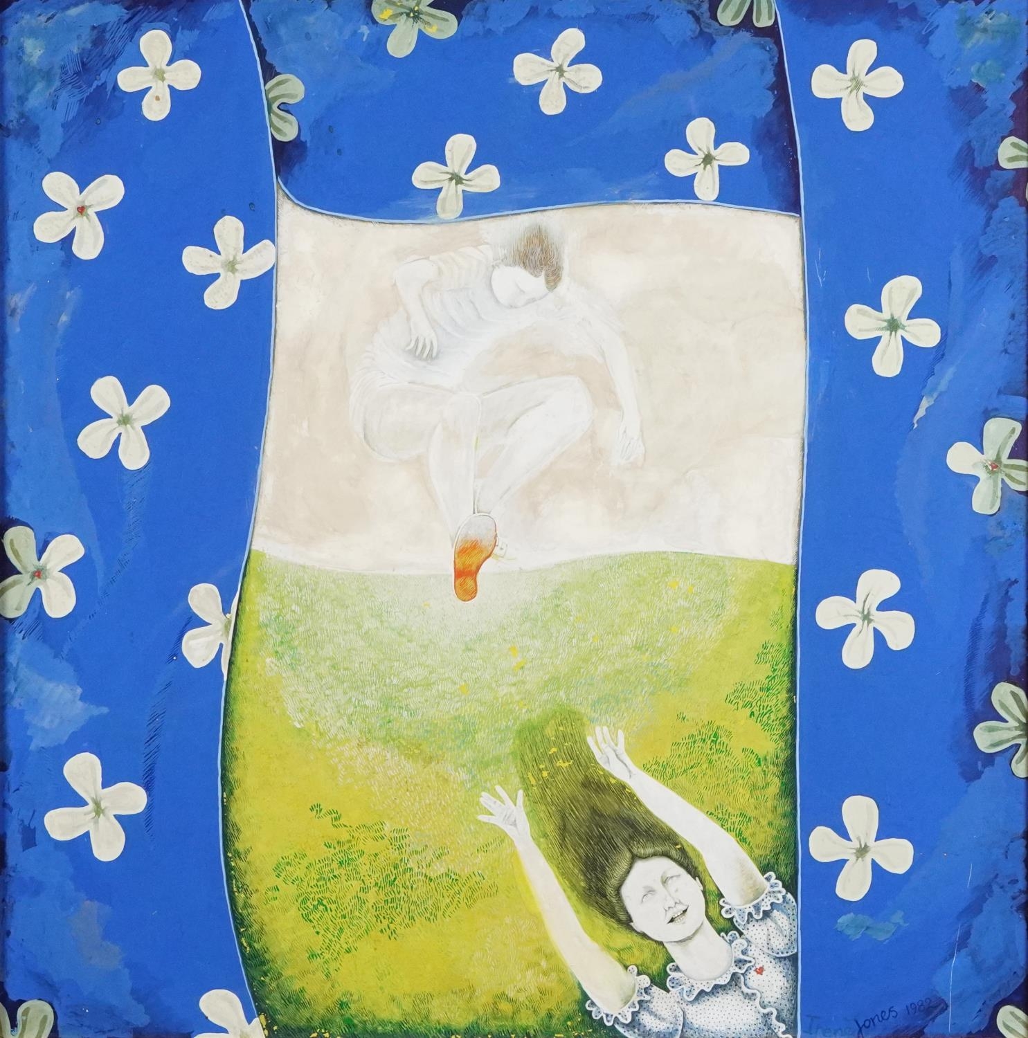 Irene Jones 1982 - Leaping and blue curtains, Cornish school mixed media on board, framed, 60cm x