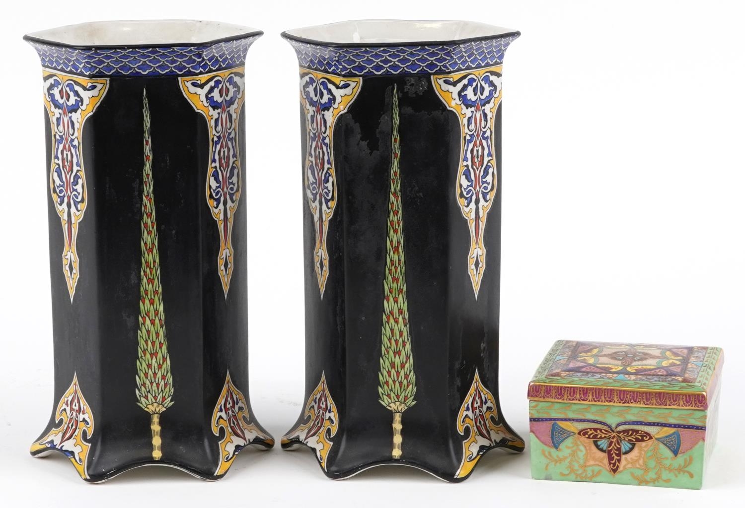 Pair of Art Nouveau hexagonal vases decorated with foliate motifs and a 1930s square box and cover - Image 4 of 5