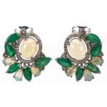 Pair of white metal cabochon opal, emerald and diamond stud earrings with 9ct white gold backs,