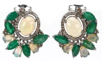 Pair of white metal cabochon opal, emerald and diamond stud earrings with 9ct white gold backs,