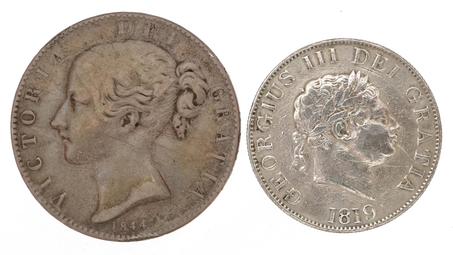 George III 1819 silver half crown and a Victoria Young Head 1844 silver crown, 41g - Image 2 of 2