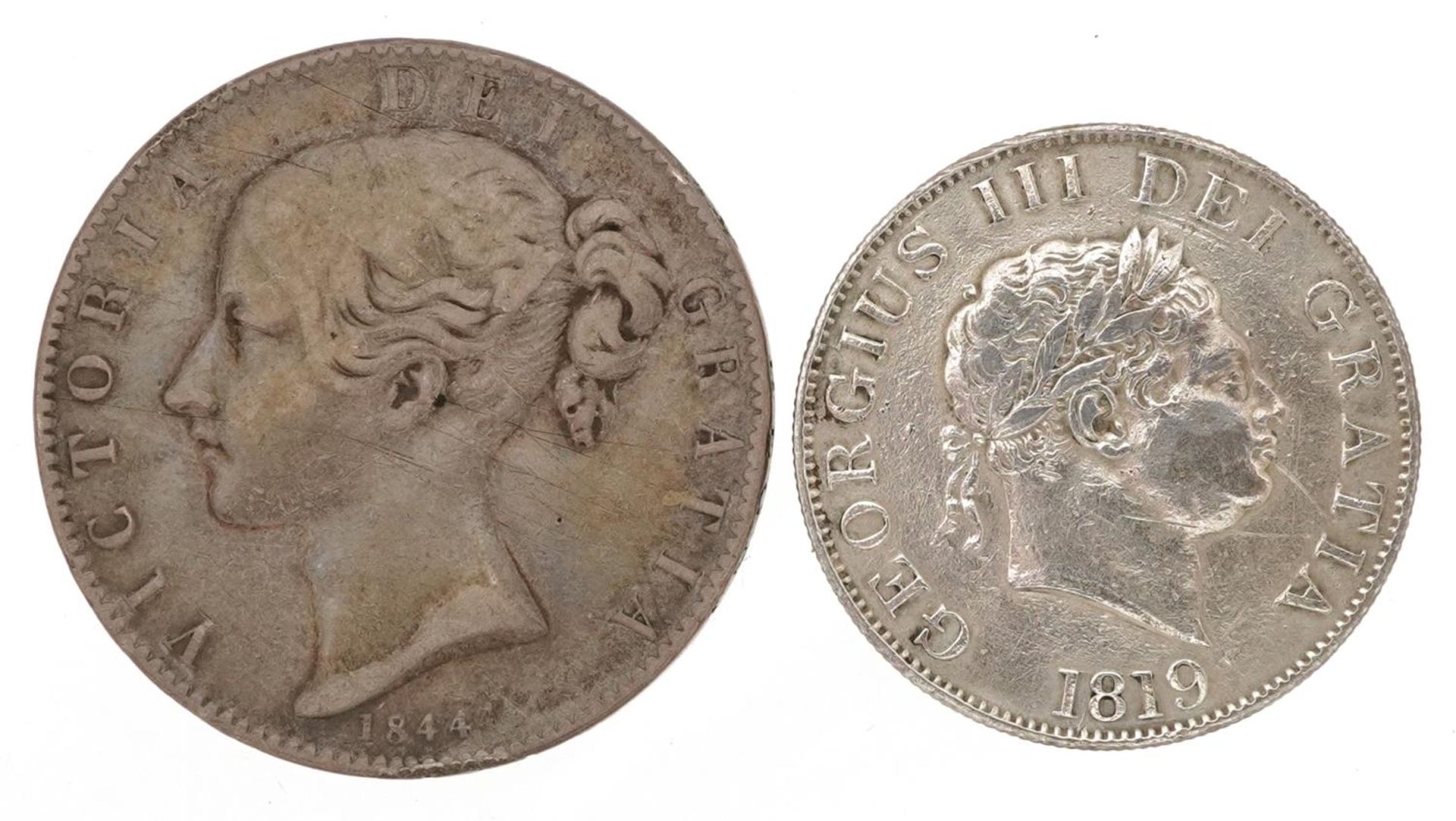 George III 1819 silver half crown and a Victoria Young Head 1844 silver crown, 41g - Bild 2 aus 2