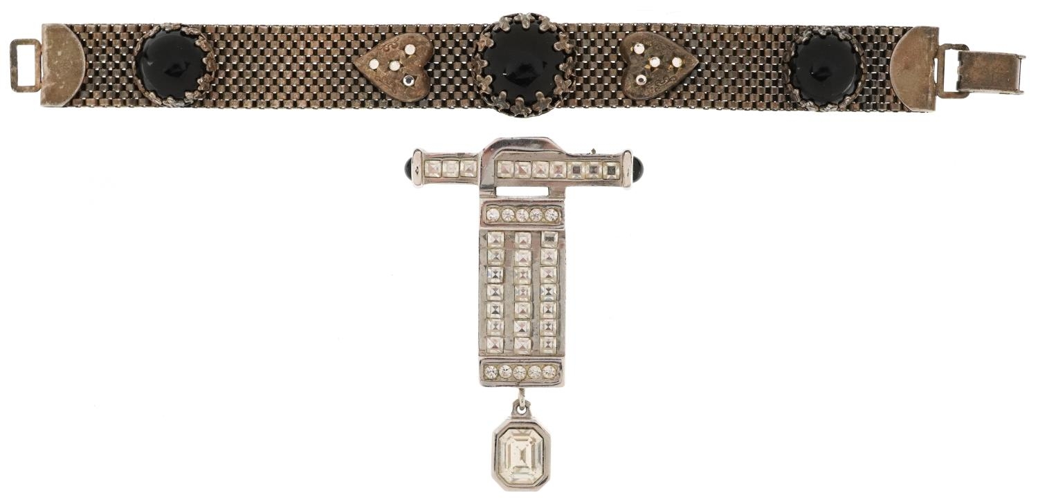 Art Deco style Christian Dior brooch and a white metal mesh link bracelet set with black onyx - Image 2 of 3