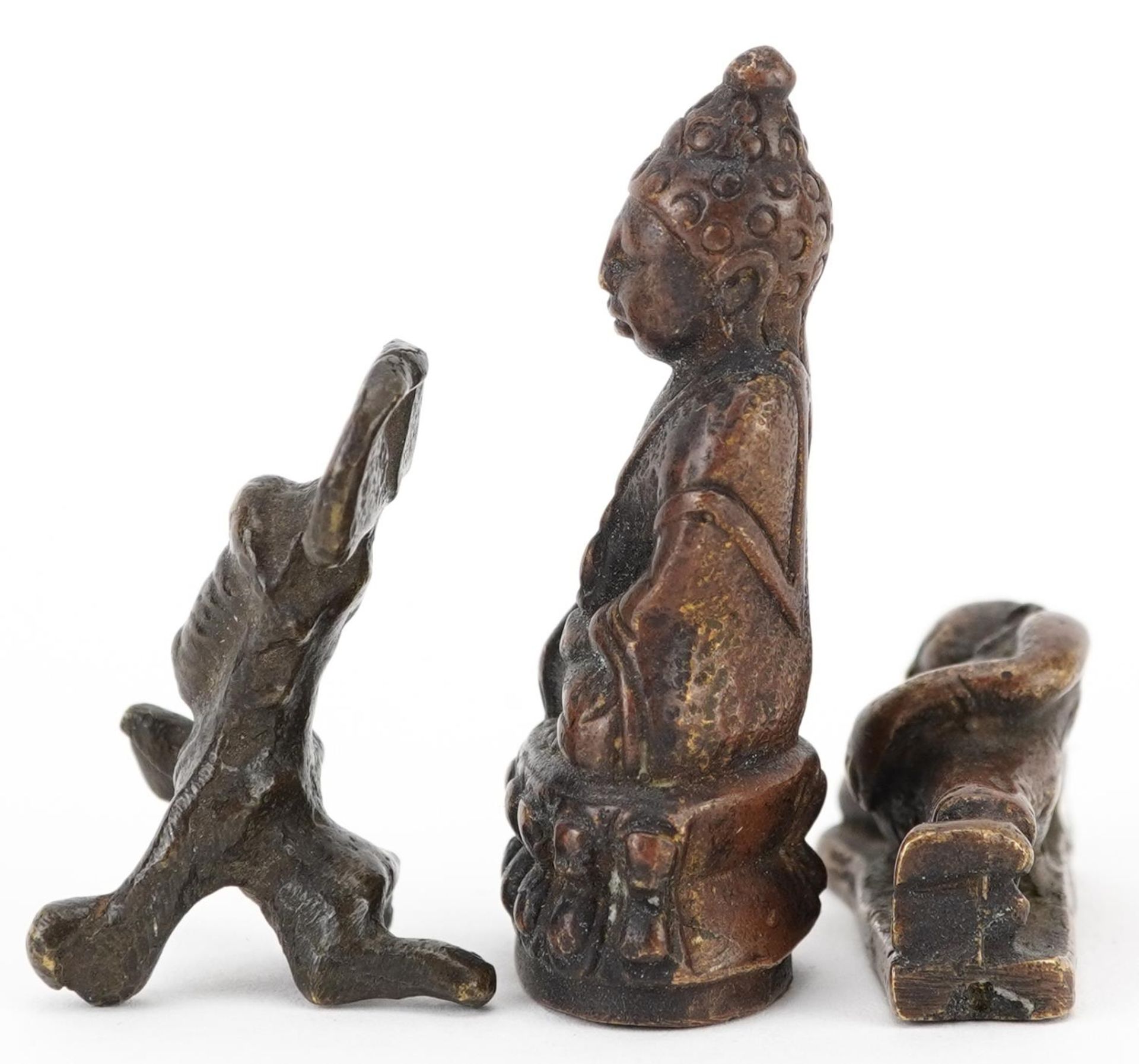 Three Chinese and Asian patinated bronze figures including an example of seated Buddha, the - Bild 3 aus 7