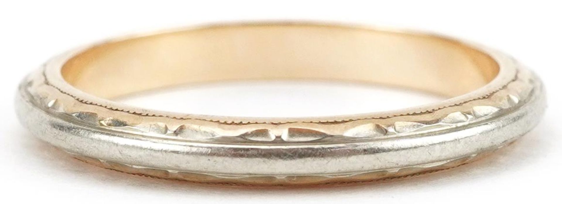 14K two tone gold engine turned wedding band, size L, 2.4g