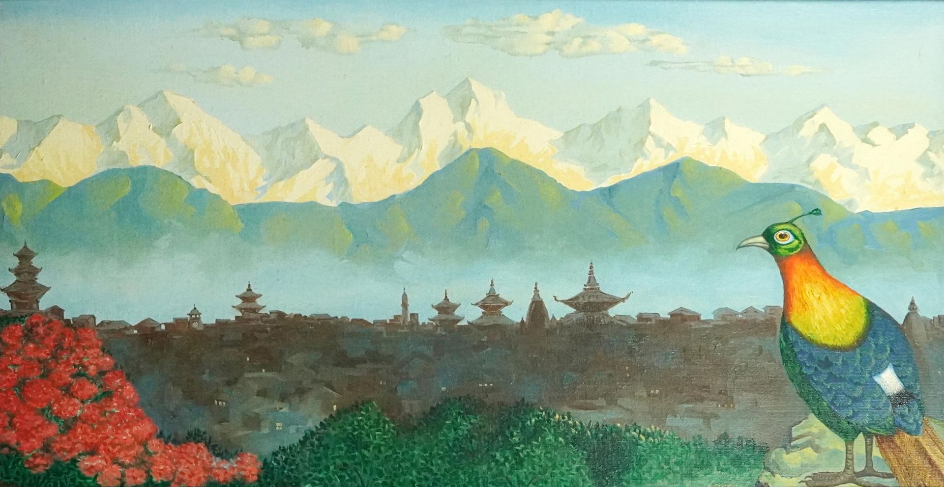 Peacock before a panoramic Asian city scape with pagodas, Chinese school oil on canvas, framed,