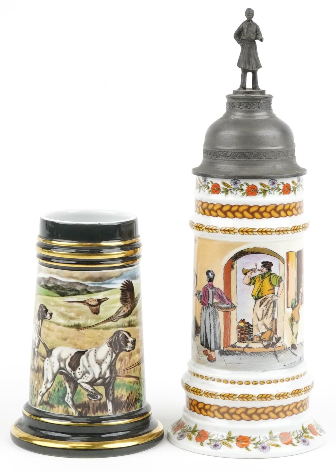 Two European porcelain steins including a Kaiser example with pewter mounts, the largest 34cm high - Image 2 of 6
