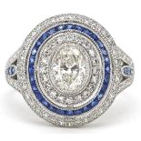Art Deco style platinum diamond and sapphire four tier cluster ring, total diamond weight