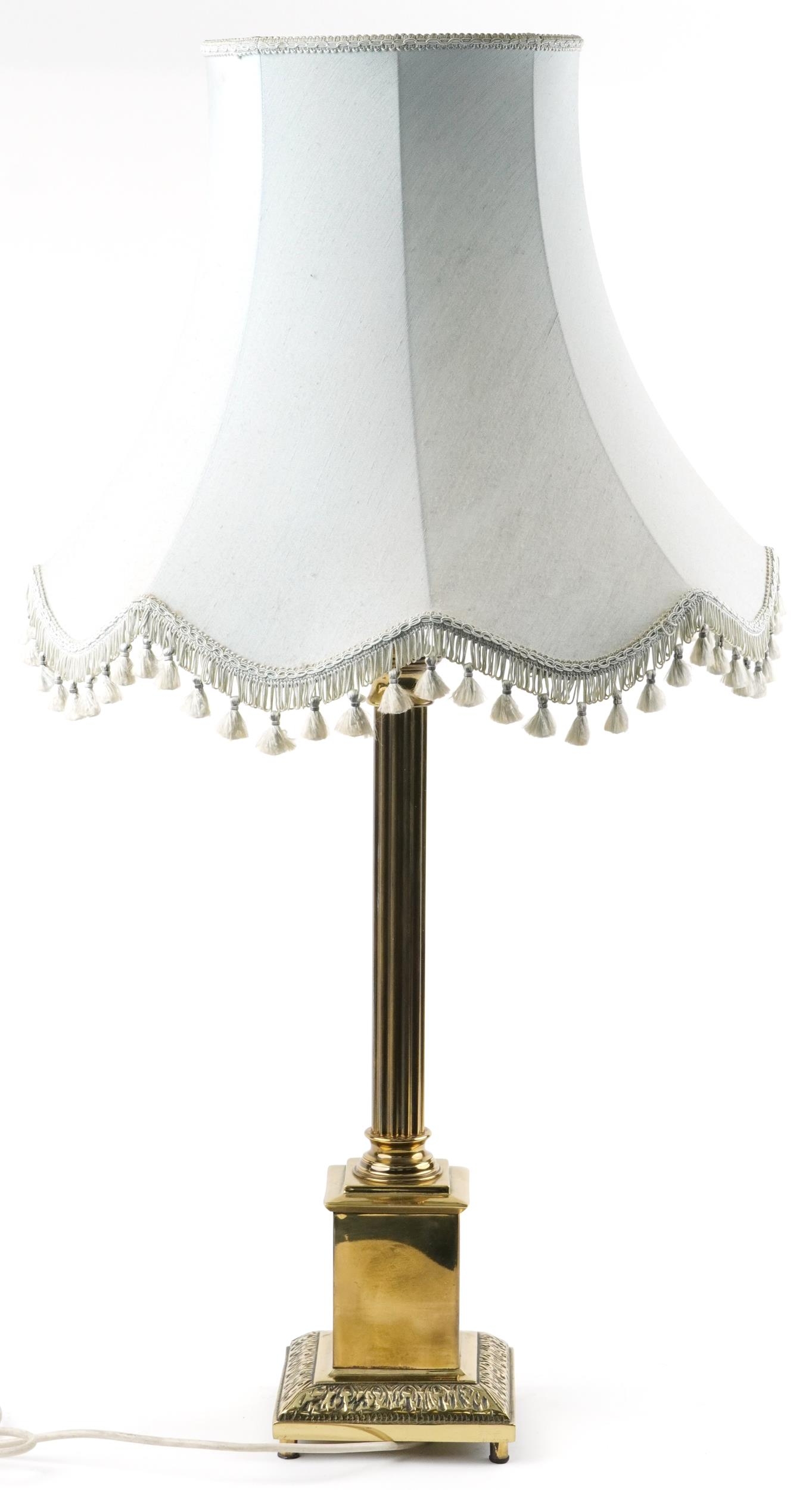 Large 19th century style brass Corinthian column table lamp with shade, overall 98cm high - Image 2 of 3