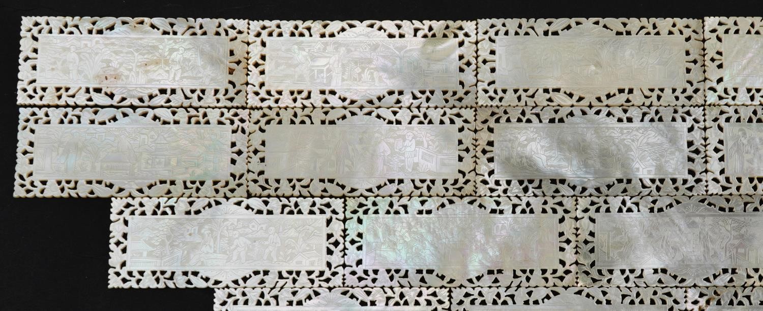Good collection of Chinese Canton mother of pearl gaming counters finely carved and pierced with - Image 2 of 14