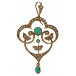 Edwardian 9ct gold cabochon turquoise and seed pearl openwork pendant, 5cm high, 3.5g