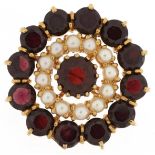 Antique style 9ct gold garnet and seed pearl cluster brooch, 2.7cm in diameter, 8.4g