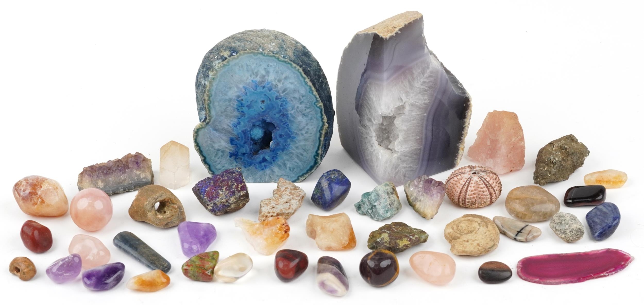 Natural history and geology interest fossils and stone specimens including amethyst, crystal and