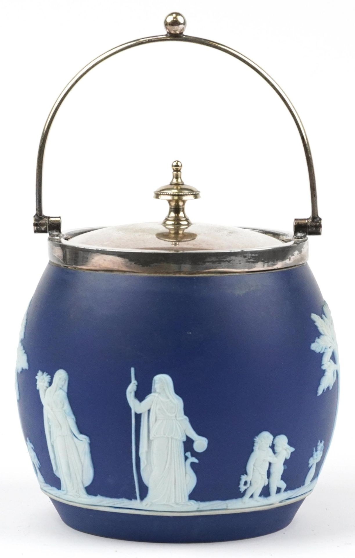 Wedgwood Jasperware biscuit barrel and cover with silver plated mounts, 16cm high including the - Image 2 of 5