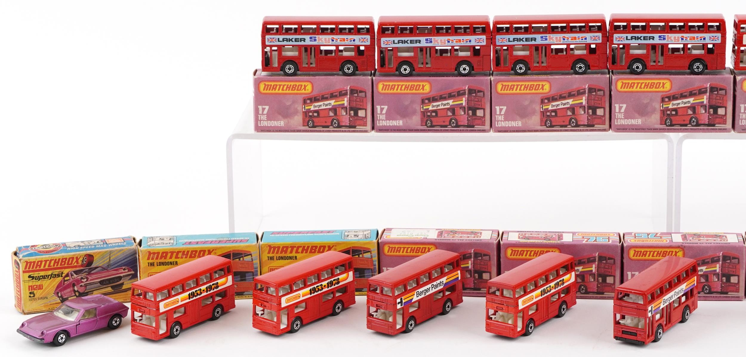 Seventeen vintage Matchbox diecast vehicles with boxes including sixteen Buses, numbers 17, 74 and 5 - Image 2 of 3