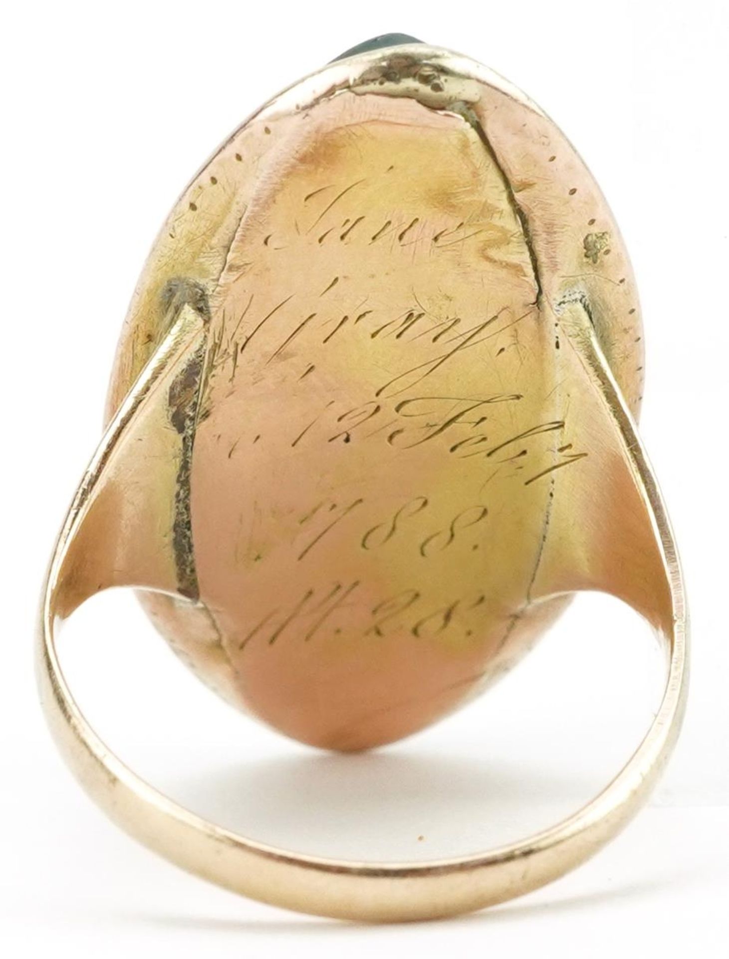 George III gold agate marquis shape mourning ring engraved Jane Gray 12 Feb 1788 ?? 28, size N, 5.9g - Image 2 of 3