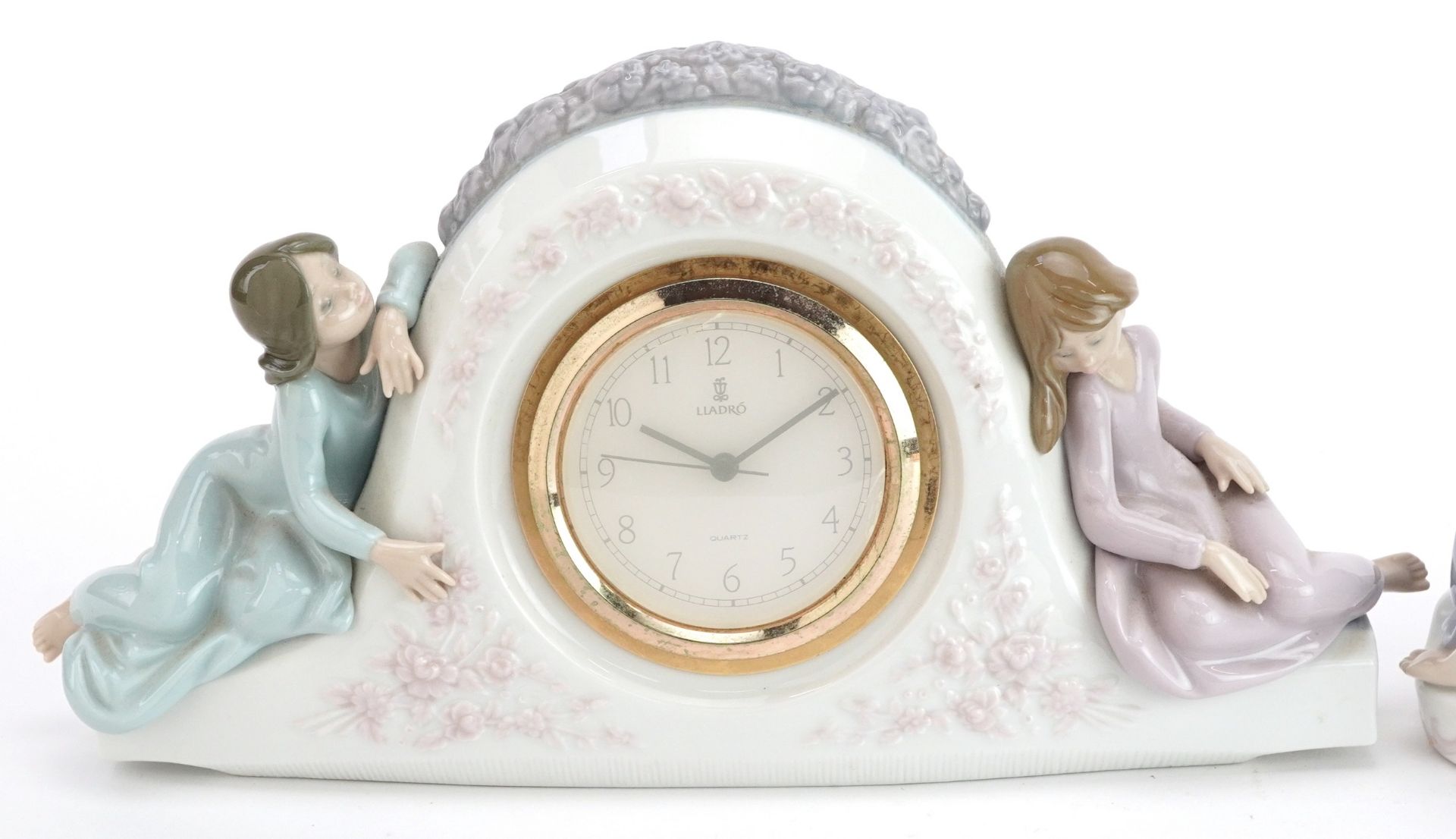 Two Lladro mantle clocks comprising Swan clock 5230 and Two Sisters clock 5770, the largest 32cm - Image 2 of 5