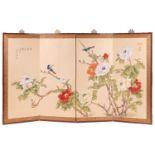 Chinese four fold silk screen hand painted with birds amongst flowers, signed with calligraphy and