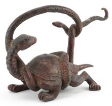 Chinese partially gilt and red lacquered bronze of a mythical tortoise and serpent, 26cm in length