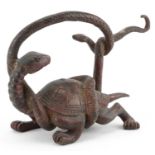 Chinese partially gilt and red lacquered bronze of a mythical tortoise and serpent, 26cm in length