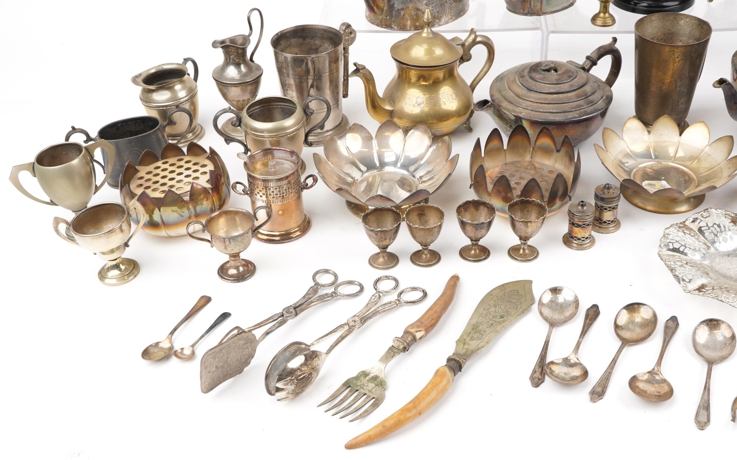 Silver plated metalware including pair of campana urns, trophy, coffee pot and teapot - Image 4 of 5