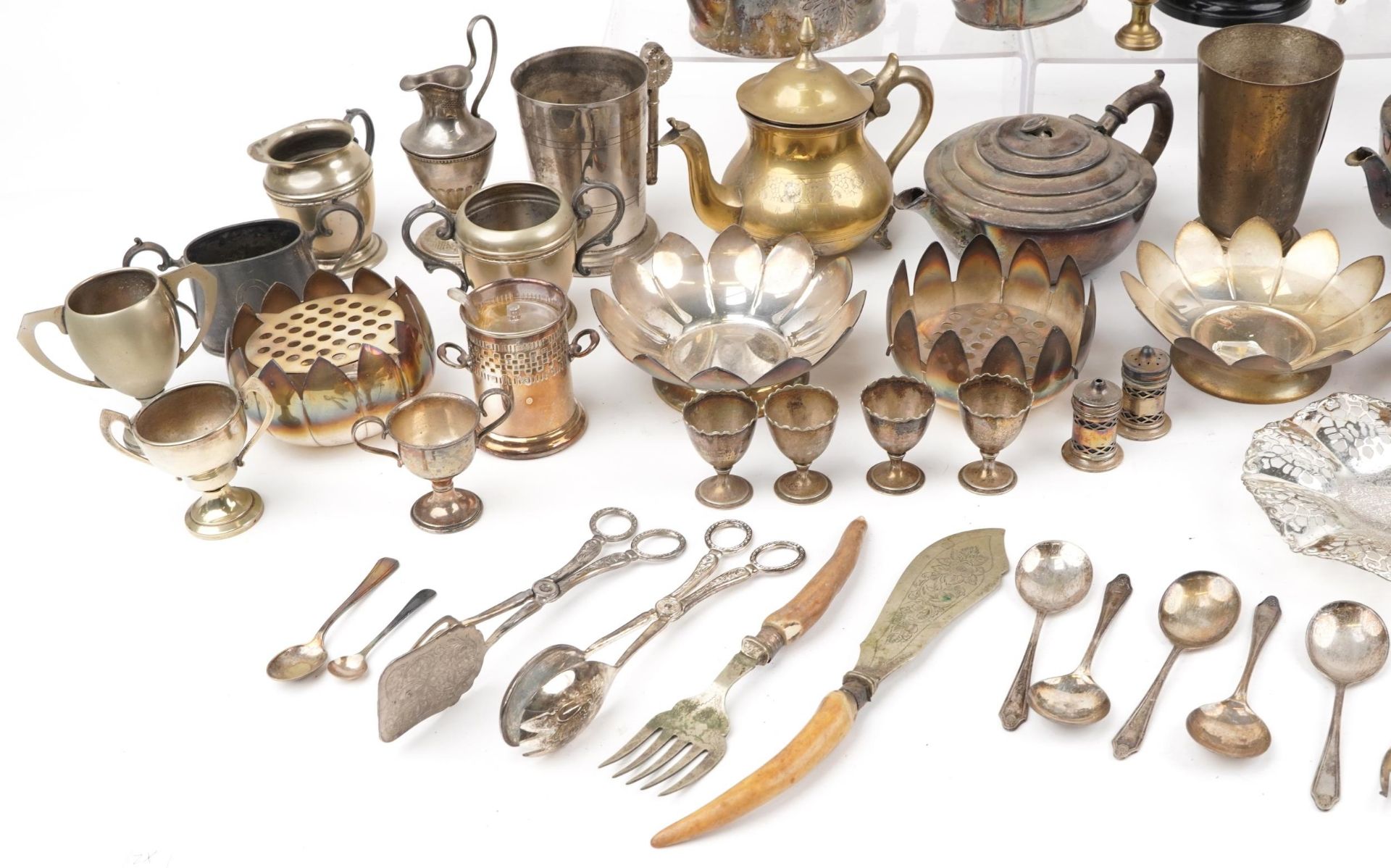 Silver plated metalware including pair of campana urns, trophy, coffee pot and teapot - Image 4 of 5